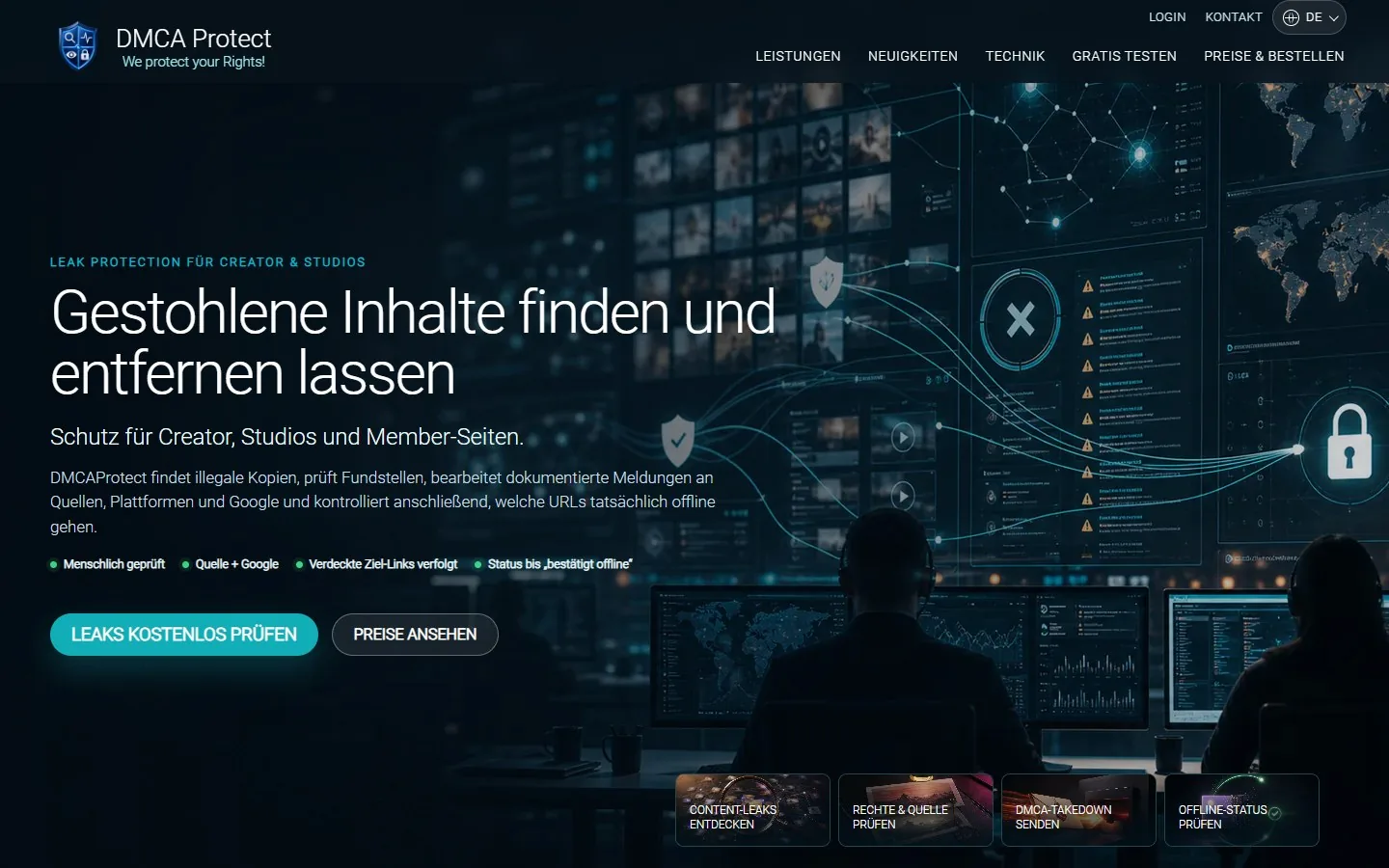 Public DMCA Protect homepage with a dark content-protection hero and analysis screens