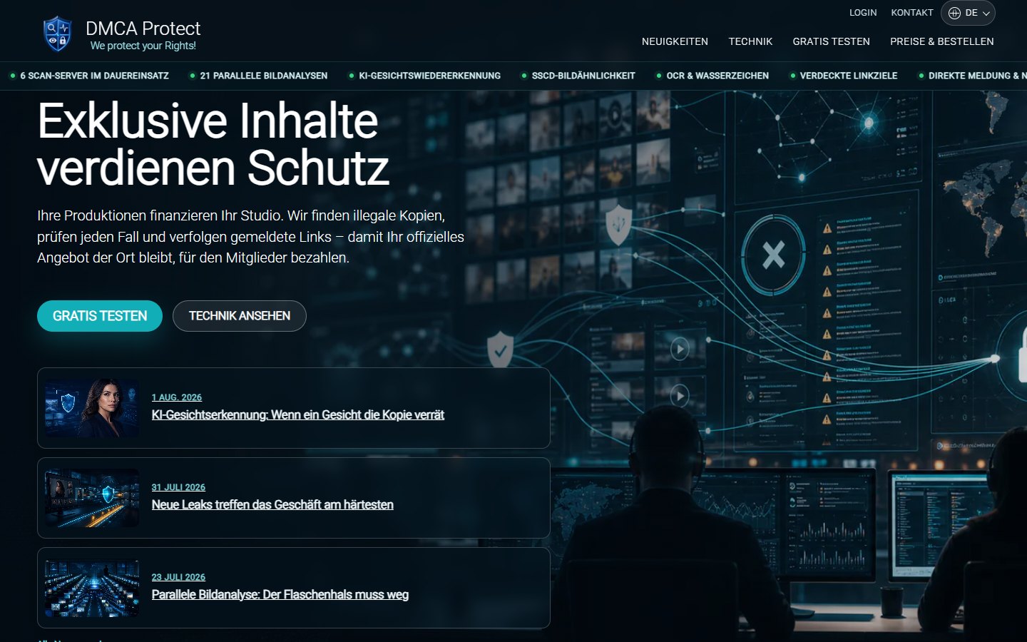 Startseite von DMCA Protect mit dunkler Schutzplattform und technischen Analyseansichten