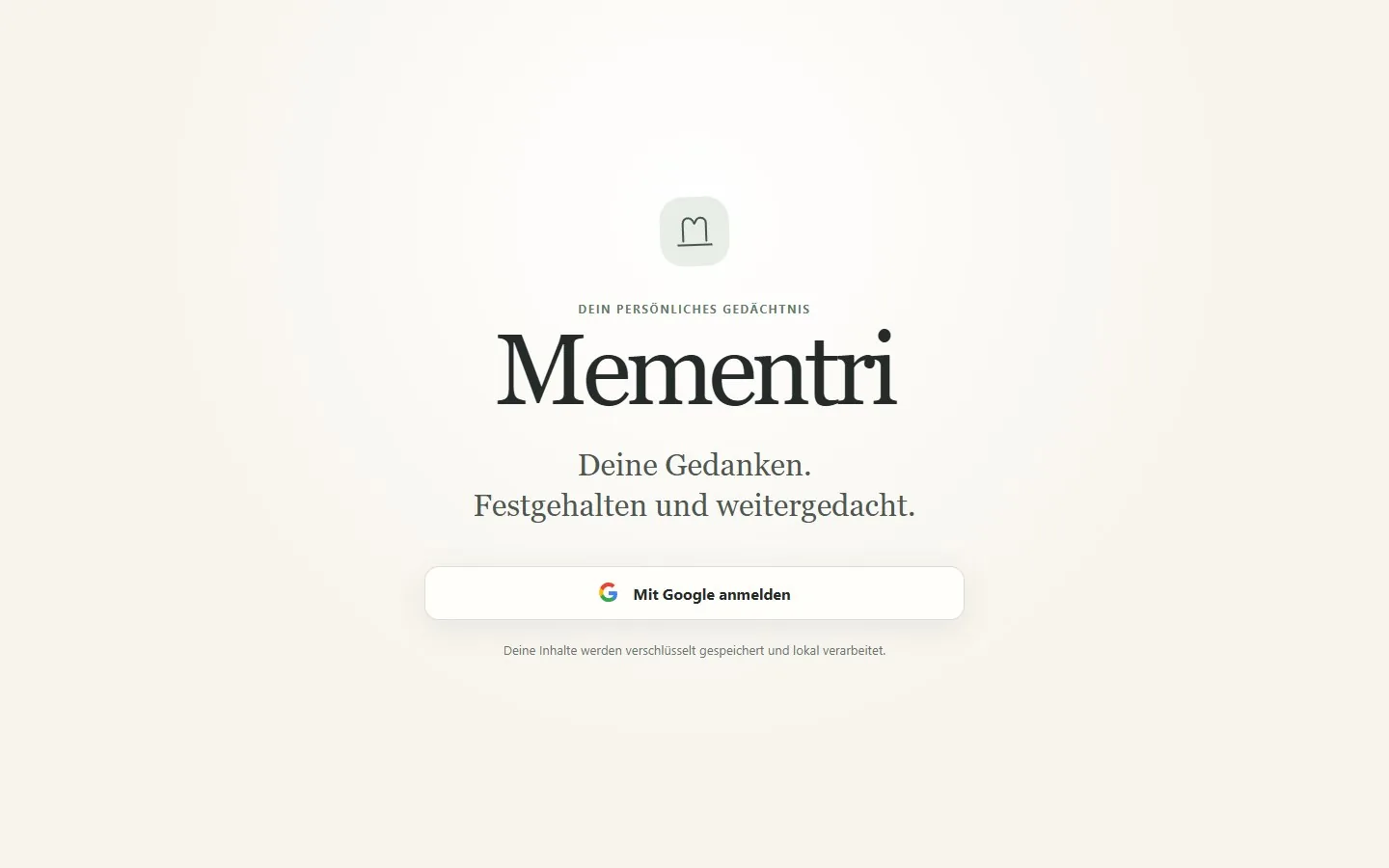 Public Mementri landing page with wordmark, short introduction and Google sign-in
