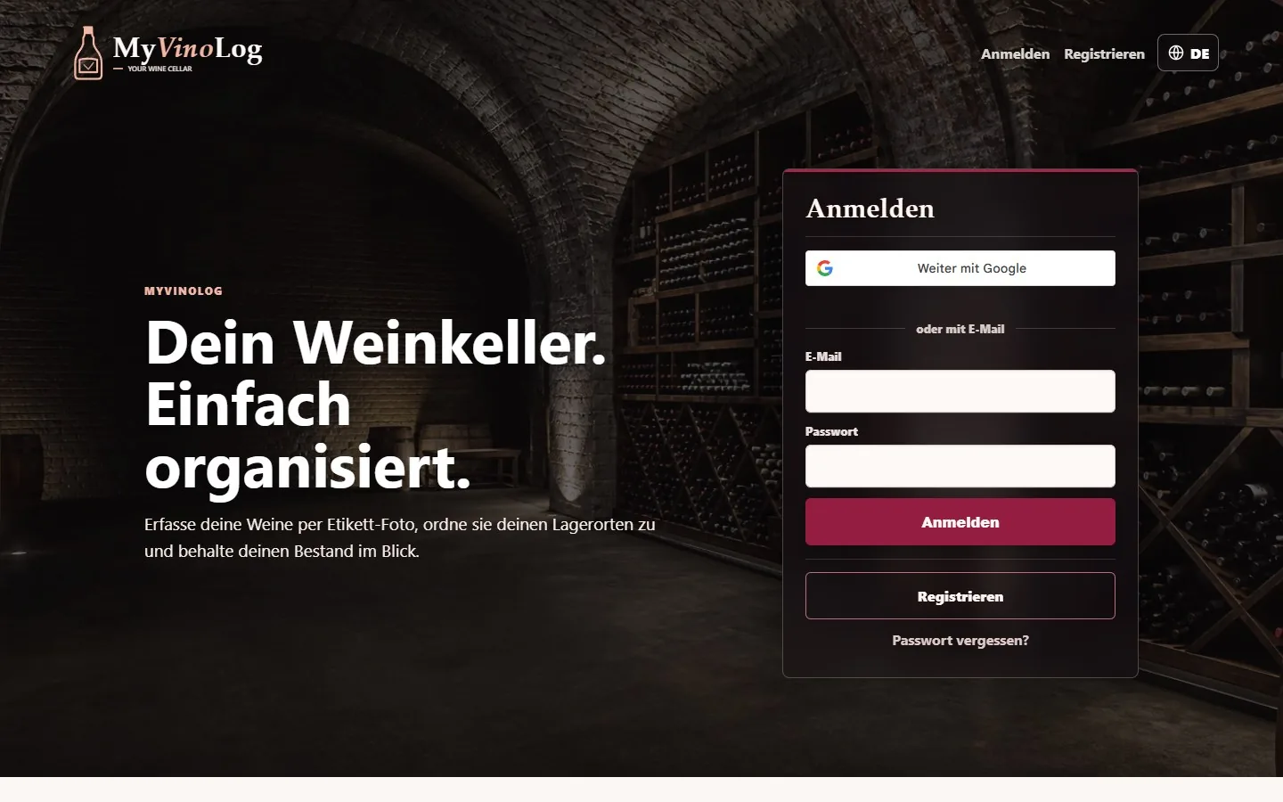 Public MyVinoLog sign-in page with a wine-cellar hero