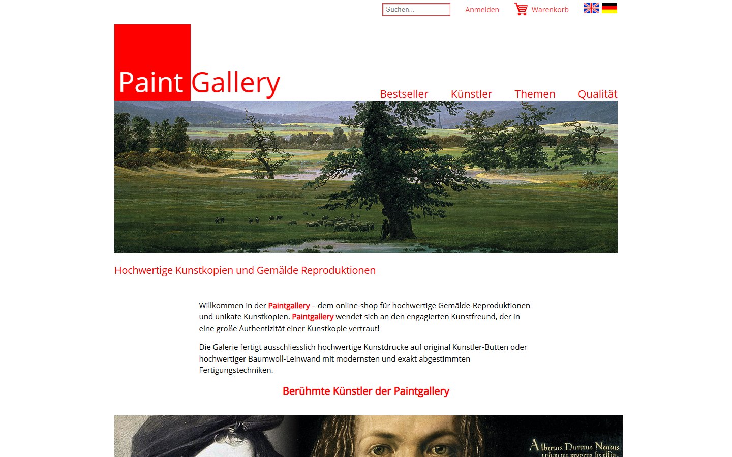 Startseite von Paintgallery mit Gemäldemotiv und roter Wortmarke