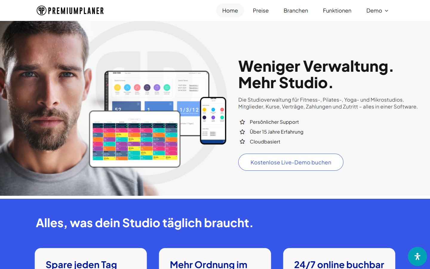 Startseite von PremiumPlaner mit Studioverwaltung auf Desktop, Tablet und Smartphone