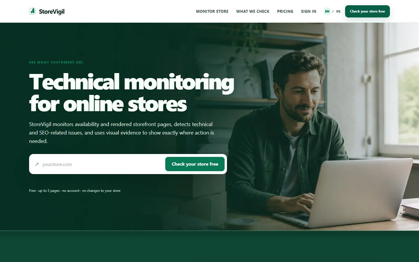 Public StoreVigil homepage with a green monitoring hero