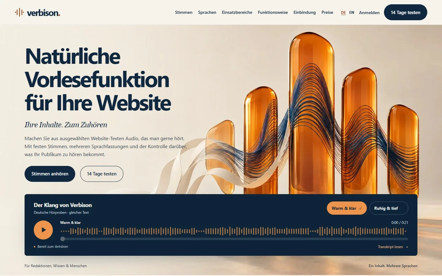 Public Verbison homepage with an audio player and orange wave artwork